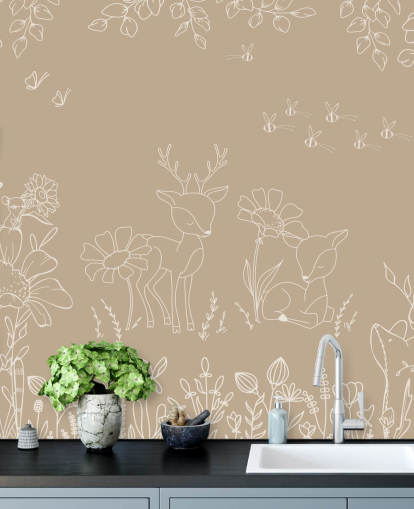 brown and white custom nursery mural called Deer Doodles Brown from the Oliver Robins collection