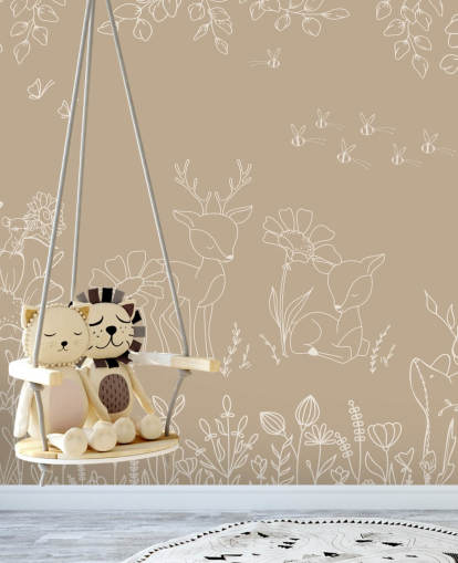 brown and white custom nursery mural called Deer Doodles Brown from the Oliver Robins collection