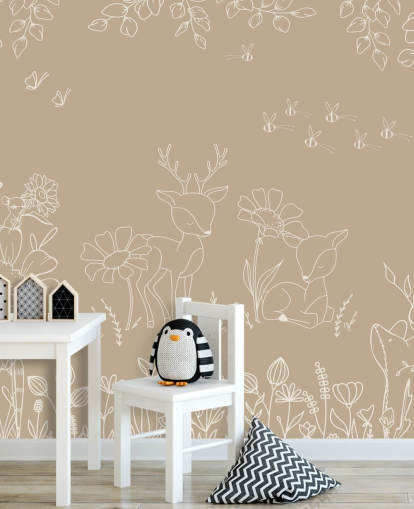 brown and white custom nursery mural called Deer Doodles Brown from the Oliver Robins collection