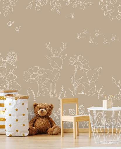 brown and white custom nursery mural called Deer Doodles Brown from the Oliver Robins collection