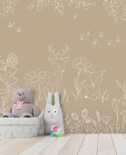 brown and white custom nursery mural called Deer Doodles Brown from the Oliver Robins collection