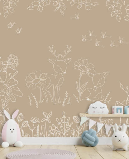 mural infantil personalizado en blanco y marrón llamado Deer Doodles Brown de la colección Oliver Robins mural infantil personalizado en blanco y marrón llamado Deer Doodles Brown de la colección Oliver Robins