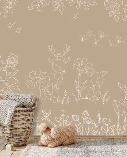 brown and white custom nursery mural called Deer Doodles Brown from the Oliver Robins collection