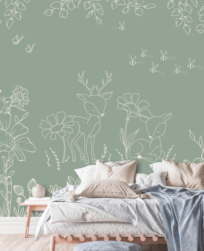 grünes, personalisierbares Kinderzimmer-Wandbild namens Deer Doodles Green aus der Oliver Robins-Kollektion
