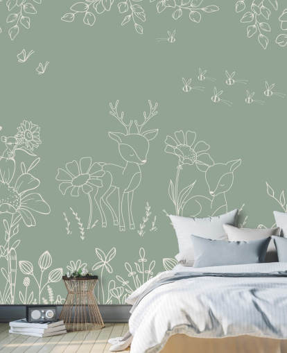 grünes, personalisierbares Kinderzimmer-Wandbild namens Deer Doodles Green aus der Oliver Robins-Kollektion grünes, personalisierbares Kinderzimmer-Wandbild namens Deer Doodles Green aus der Oliver Robins-Kollektion