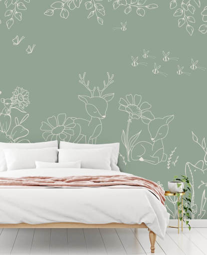 groene aanpasbare kinderkamermuurschildering genaamd Deer Doodles Green uit de Oliver Robins-collectie groene aanpasbare kinderkamermuurschildering genaamd Deer Doodles Green uit de Oliver Robins-collectie