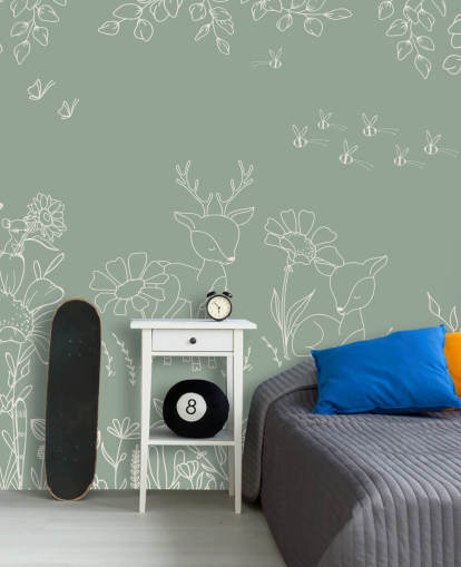 groene aanpasbare kinderkamermuurschildering genaamd Deer Doodles Green uit de Oliver Robins-collectie