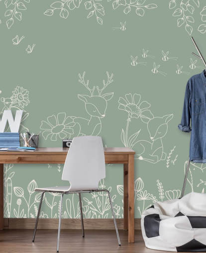 green customisable nursery mural called Deer Doodles Green from the Oliver Robins collection