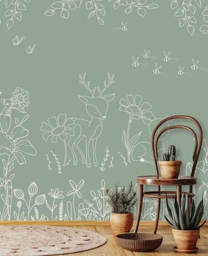 mural de guardería verde personalizable llamado Deer Doodles Green de la colección Oliver Robins