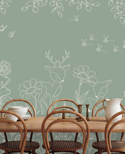 mural de guardería verde personalizable llamado Deer Doodles Green de la colección Oliver Robins