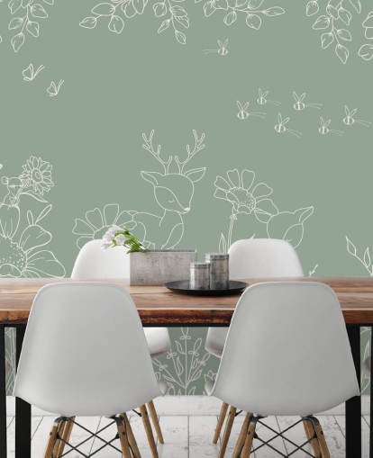 murale verde personalizzabile per la cameretta chiamato Deer Doodles Green della collezione Oliver Robins murale verde personalizzabile per la cameretta chiamato Deer Doodles Green della collezione Oliver Robins