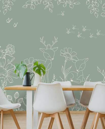 mural de guardería verde personalizable llamado Deer Doodles Green de la colección Oliver Robins