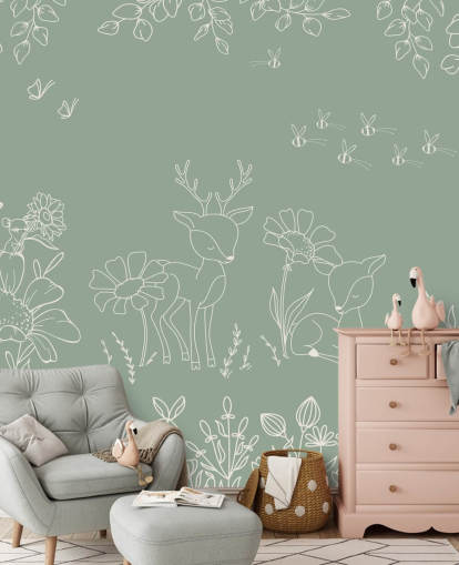 mural de guardería verde personalizable llamado Deer Doodles Green de la colección Oliver Robins