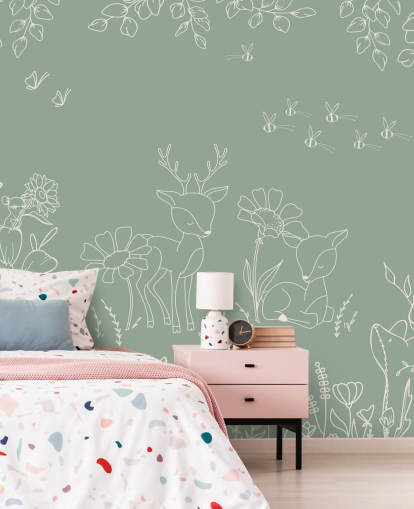 mural de guardería verde personalizable llamado Deer Doodles Green de la colección Oliver Robins mural de guardería verde personalizable llamado Deer Doodles Green de la colección Oliver Robins
