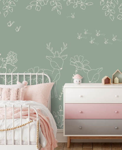 grünes, personalisierbares Kinderzimmer-Wandbild namens Deer Doodles Green aus der Oliver Robins-Kollektion