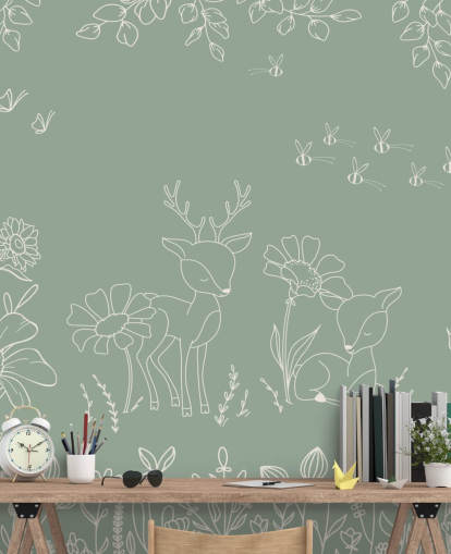 groene aanpasbare kinderkamermuurschildering genaamd Deer Doodles Green uit de Oliver Robins-collectie groene aanpasbare kinderkamermuurschildering genaamd Deer Doodles Green uit de Oliver Robins-collectie