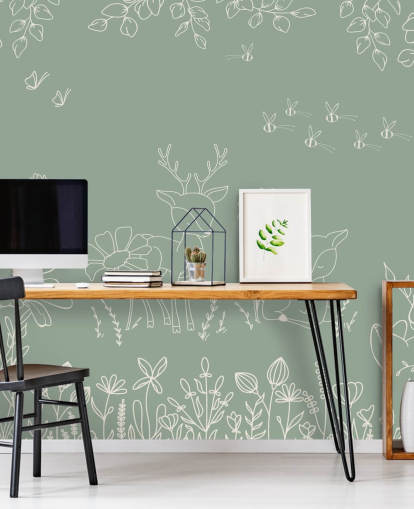 green customizable nursery mural called Deer Doodles Green from the Oliver Robins collection