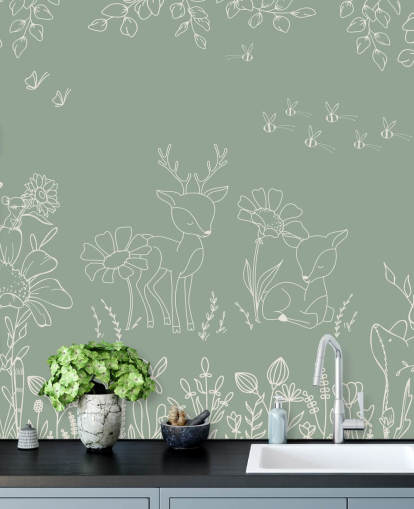 groene aanpasbare kinderkamermuurschildering genaamd Deer Doodles Green uit de Oliver Robins-collectie