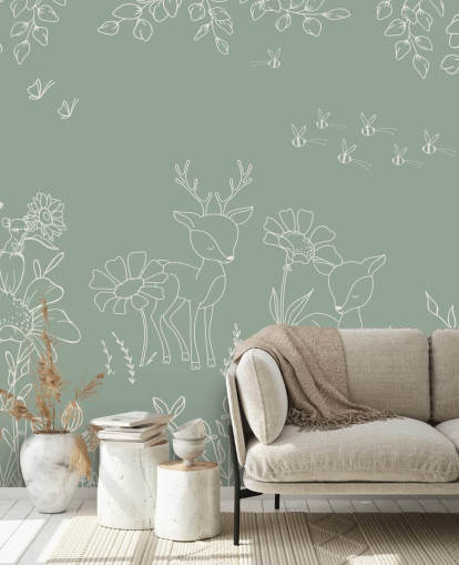mural de guardería verde personalizable llamado Deer Doodles Green de la colección Oliver Robins