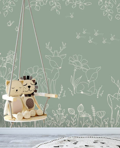 murale verde personalizzabile per la cameretta chiamato Deer Doodles Green della collezione Oliver Robins