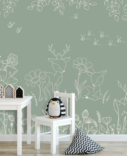 green customisable nursery mural called Deer Doodles Green from the Oliver Robins collection