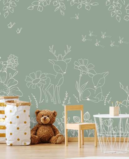 peinture murale verte personnalisable pour chambre d'enfant appelée Deer Doodles Green de la collection Oliver Robins peinture murale verte personnalisable pour chambre d'enfant appelée Deer Doodles Green de la collection Oliver Robins