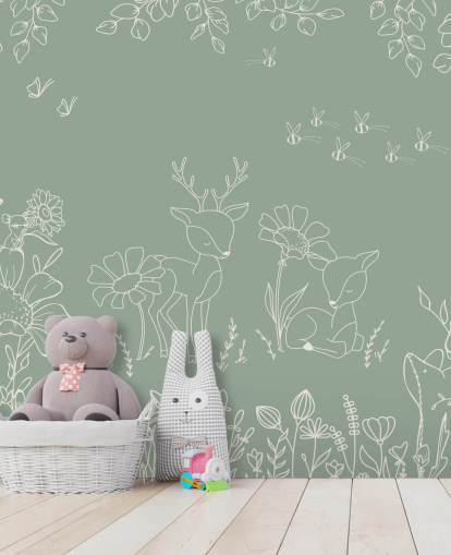 mural de guardería verde personalizable llamado Deer Doodles Green de la colección Oliver Robins