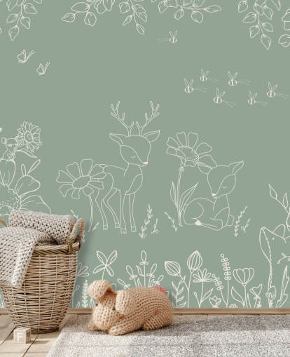 groene aanpasbare kinderkamermuurschildering genaamd Deer Doodles Green uit de Oliver Robins-collectie