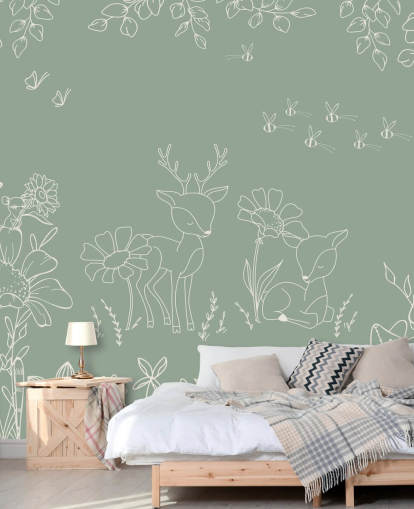 mural de guardería verde personalizable llamado Deer Doodles Green de la colección Oliver Robins