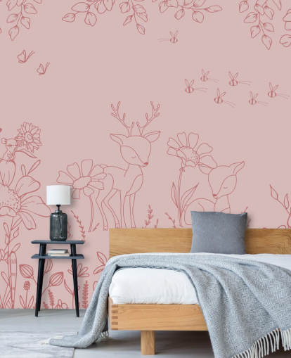 rosa tilpasset barnehage veggmaleri kalt Deer Doodles Dark Pink fra Oliver Robins-samlingen
