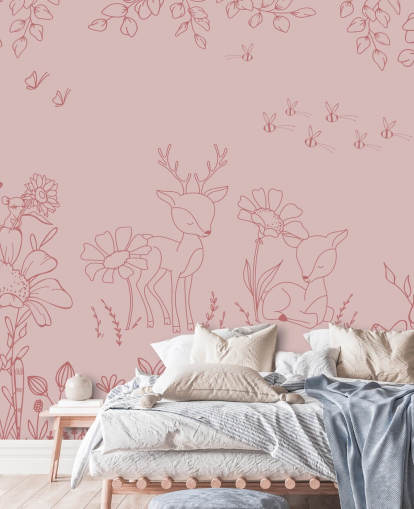 mural rosa personalizado para guardería llamado Deer Doodles Dark Pink de la colección Oliver Robins