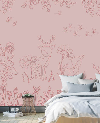 mural de berçário personalizado rosa chamado Deer Doodles Dark Pink da coleção Oliver Robins