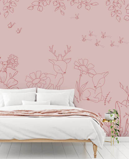 rosa tilpasset barnehage veggmaleri kalt Deer Doodles Dark Pink fra Oliver Robins-samlingen
