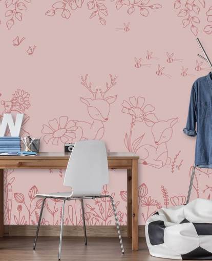 mural rosa personalizado para guardería llamado Deer Doodles Dark Pink de la colección Oliver Robins