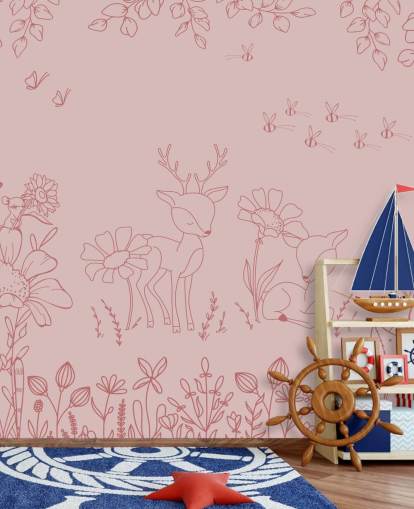 rosa tilpasset barnehage veggmaleri kalt Deer Doodles Dark Pink fra Oliver Robins-samlingen