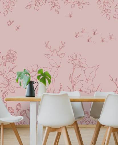rosa anpassad plantskola väggmålning som heter Deer Doodles Dark Pink från Oliver Robins-kollektionen