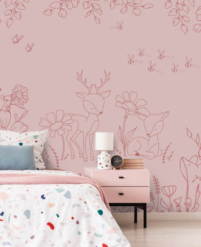 mural de berçário personalizado rosa chamado Deer Doodles Dark Pink da coleção Oliver Robins