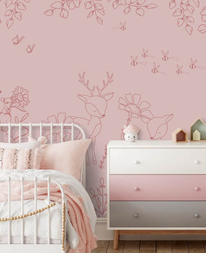 pink custom nursery mural called Deer Doodles Dark Pink from the Oliver Robins collection