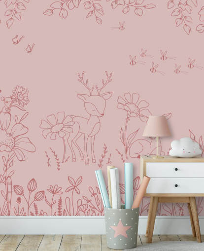 mural rosa personalizado para guardería llamado Deer Doodles Dark Pink de la colección Oliver Robins