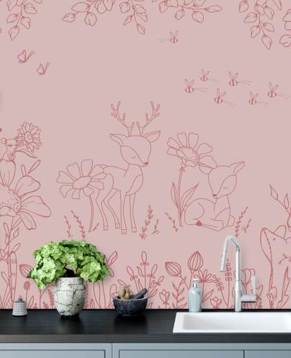 roze kinderkamermuurschildering op maat genaamd Deer Doodles Dark Pink uit de Oliver Robins-collectie roze kinderkamermuurschildering op maat genaamd Deer Doodles Dark Pink uit de Oliver Robins-collectie