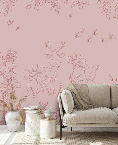 mural rosa personalizado para guardería llamado Deer Doodles Dark Pink de la colección Oliver Robins
