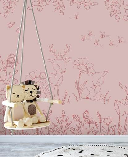 pink custom nursery mural called Deer Doodles Dark Pink from the Oliver Robins collection