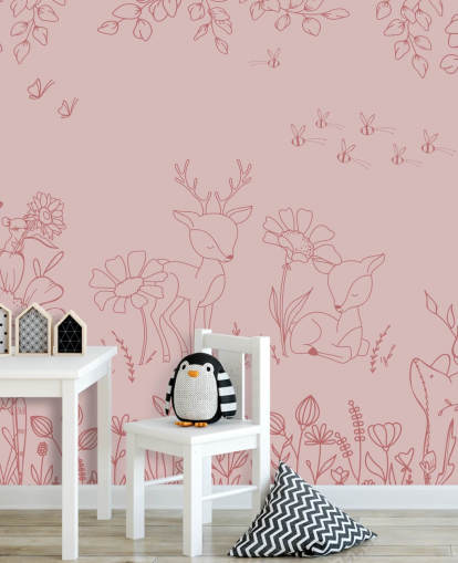 roze kinderkamermuurschildering op maat genaamd Deer Doodles Dark Pink uit de Oliver Robins-collectie