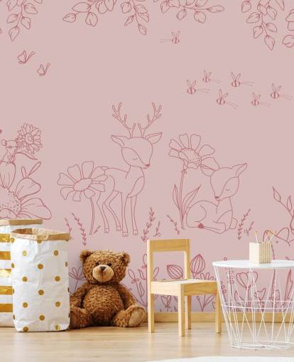 murale rosa personalizzato per la cameretta chiamato Deer Doodles Dark Pink della collezione Oliver Robins murale rosa personalizzato per la cameretta chiamato Deer Doodles Dark Pink della collezione Oliver Robins