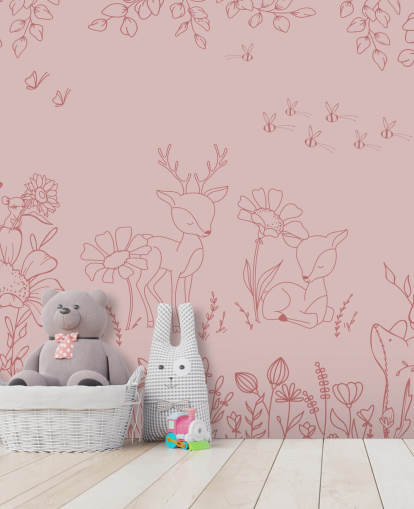 vaaleanpunainen räätälöity lastentarhan seinämaalaus nimeltä Deer Doodles Dark Pink Oliver Robins -kokoelmasta