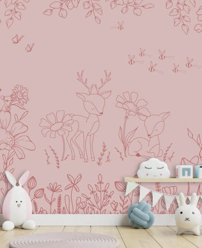 rosa tilpasset barnehage veggmaleri kalt Deer Doodles Dark Pink fra Oliver Robins-samlingen rosa tilpasset barnehage veggmaleri kalt Deer Doodles Dark Pink fra Oliver Robins-samlingen