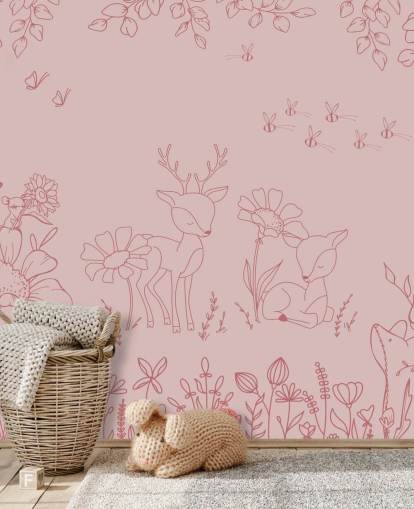 rosa tilpasset barnehage veggmaleri kalt Deer Doodles Dark Pink fra Oliver Robins-samlingen