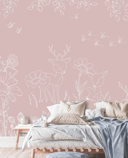 rosa tilpasset barnehage veggmaleri kalt Deer Doodles Pink fra Oliver Robins-samlingen rosa tilpasset barnehage veggmaleri kalt Deer Doodles Pink fra Oliver Robins-samlingen