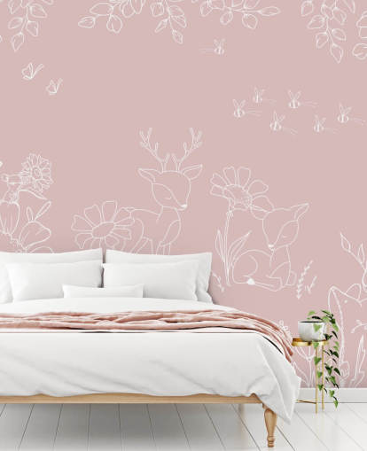 rosa anpassad plantskola väggmålning som heter Deer Doodles Pink från Oliver Robins-kollektionen