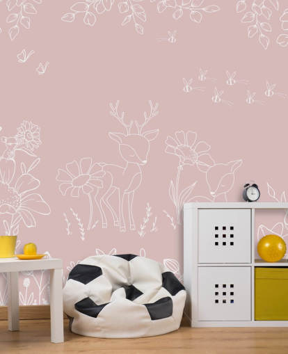 vaaleanpunainen räätälöity lastentarhan seinämaalaus nimeltä Deer Doodles Pink Oliver Robins -kokoelmasta